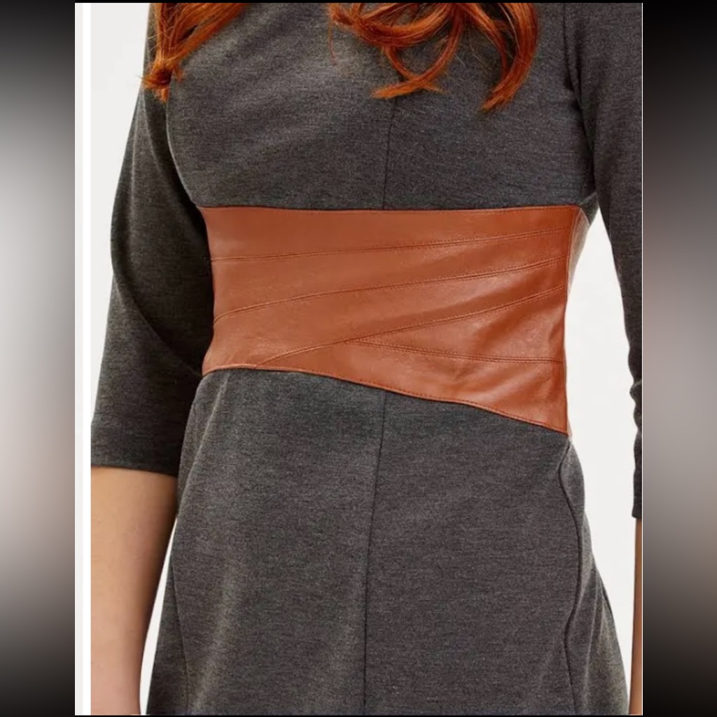 Nwot Focus By Shani Ponte Knit Dress With Leather Waistband Dark Heather Grey